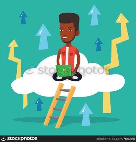 An african-american businessman sitting on a cloud and working on his laptop. Businessman using cloud computing technology. Cloud computing concept. Vector flat design illustration. Square layout.. Businessman sitting on cloud with laptop.