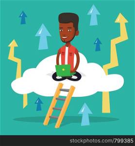 An african-american businessman sitting on a cloud and working on his laptop. Businessman using cloud computing technology. Cloud computing concept. Vector flat design illustration. Square layout.. Businessman sitting on cloud with laptop.