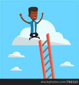 An african-american businessman sitting on a cloud with ledder. Successful businessman relaxing on a cloud. Businessman with rised hands on a cloud. Vector flat design illustration. Square layout.. Happy businessman sitting on the cloud.