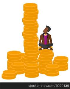 An african-american businessman sitting on stack of golden coins and looking up to the biggest one vector flat design illustration isolated on white background. . Businessman sitting on gold.