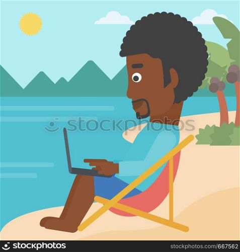 An african-american businessman sitting on the beach in chaise lounge and working on a laptop vector flat design illustration. Square layout.. Businessman sitting in chaise lounge with laptop.