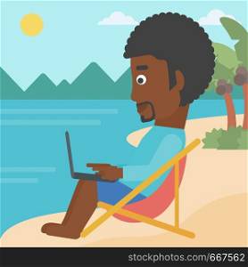 An african-american businessman sitting on the beach in chaise lounge and working on a laptop vector flat design illustration. Square layout.. Businessman sitting in chaise lounge with laptop.