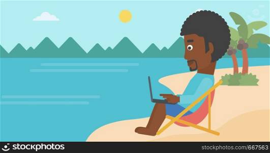 An african-american businessman sitting on the beach in chaise lounge and working on a laptop vector flat design illustration. Horizontal layout.. Businessman sitting in chaise lounge with laptop.