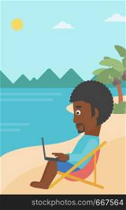 An african-american businessman sitting on the beach in chaise lounge and working on a laptop vector flat design illustration. Vertiacl layout.. Businessman sitting in chaise lounge with laptop.