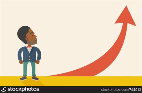 An african-american businessman standing beside the red arrow pointing up. Successful business concept. A Contemporary style with pastel palette, soft beige tinted background. Vector flat design illustration. Horizontal layout.. African-american Businessman standing beside the red arrrow