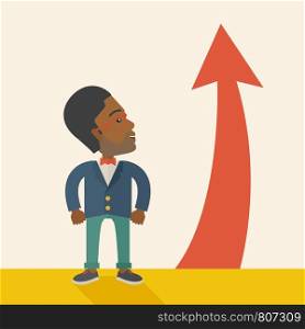 An african-american businessman standing beside the red arrow pointing up. Successful business concept. A Contemporary style with pastel palette, soft beige tinted background. Vector flat design illustration. Square layout.. African-american Businessman standing beside the red arrrow