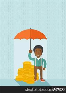 An african-american businessman standing holding umbrella protecting his money to investments, money management. Saving money for any financial crisis will come. Saving concept. A contemporary style with pastel palette soft blue tinted background. Vector flat design illustration. Vertical layout with text space on top part.. African-american businessman with umbrella as protection for his investment.