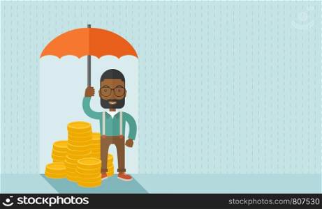 An african-american businessman standing holding umbrella protecting his money to investments, money management. Saving money for any financial crisis will come. Saving concept. A contemporary style with pastel palette soft blue tinted background. Vector flat design illustration. Horizontal layout with text space in right side.. African-american businessman with umbrella as protection for his investment.