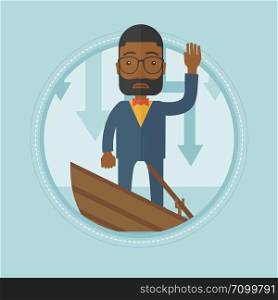 An african-american businessman standing in a sinking boat. Businessman sinking and asking for help. Business bankruptcy concept. Vector flat design illustration in the circle isolated on background.. Businessman standing in sinking boat.