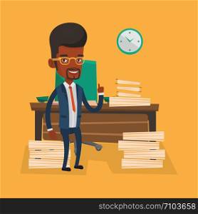 An african-american businessman standing in office and pointing at time on clock. Businessman working against time. Time management concept. Vector flat design illustration. Square layout.. Businessman pointing up with his forefinger.