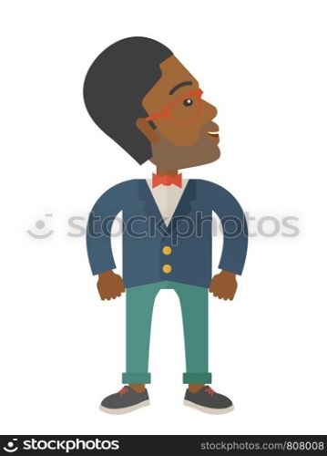 An african-american businessman standing looking up. Successful business concept. . A Contemporary style. Vector flat design illustration isolated white background. Vertical layout. African-american Businessman standing looking up.