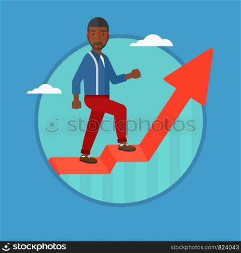 An african-american businessman standing on an uprising chart. Businessman standing on chart going up. Concept of business success. Vector flat design illustration in the circle isolated on background. Man standing on uprising chart vector illustration
