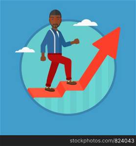 An african-american businessman standing on an uprising chart. Businessman standing on chart going up. Concept of business success. Vector flat design illustration in the circle isolated on background. Man standing on uprising chart vector illustration