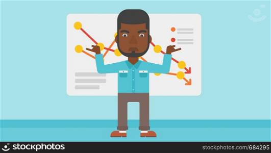 An african-american businessman standing on the background of a board with decreasing chart. Concept of business bankruptcy. Vector flat design illustration. Horizontal layout.. Businessman with decreasing chart.
