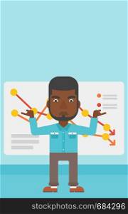 An african-american businessman standing on the background of a board with decreasing chart. Concept of business bankruptcy. Vector flat design illustration. Vertical layout.. Businessman with decreasing chart.