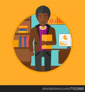 An african-american businessman standing on the background of computer screen with charts. Man giving a business presentation. Vector flat design illustration in the circle isolated on background.. Man making business presentation.