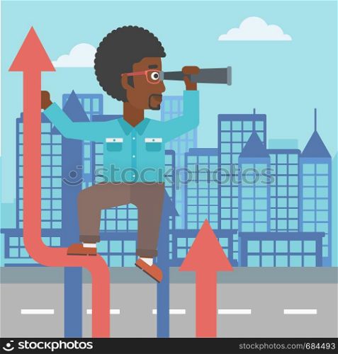 An african-american businessman standing on the top of arrow and looking through spyglass on the background of modern city. Vector flat design illustration. Square layout.. Businessman with spyglass on rising arrow.