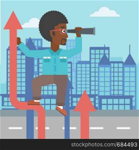 An african-american businessman standing on the top of arrow and looking through spyglass on the background of modern city. Vector flat design illustration. Square layout.. Businessman with spyglass on rising arrow.