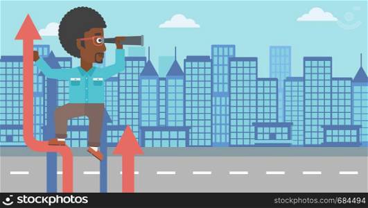 An african-american businessman standing on the top of arrow and looking through spyglass on the background of modern city. Vector flat design illustration. Horizontal layout.. Businessman with spyglass on rising arrow.