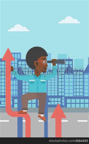 An african-american businessman standing on the top of arrow and looking through spyglass on the background of modern city. Vector flat design illustration. Vertical layout.. Businessman with spyglass on rising arrow.