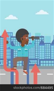 An african-american businessman standing on the top of arrow and looking through spyglass on the background of modern city. Vector flat design illustration. Vertical layout.. Businessman with spyglass on rising arrow.