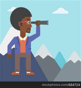 An african-american businessman standing on the top of mountain with spyglass. Businessman looking for success, opportunities. Vector flat design illustration. Square layout.. Businessman looking through spyglass.