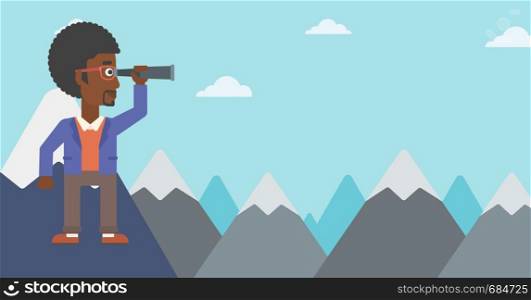 An african-american businessman standing on the top of mountain with spyglass. Businessman looking for success, opportunities. Vector flat design illustration. Horizontal layout.. Businessman looking through spyglass.