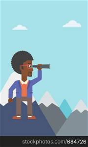 An african-american businessman standing on the top of mountain with spyglass. Businessman looking for success, opportunities. Vector flat design illustration. Vertical layout.. Businessman looking through spyglass.