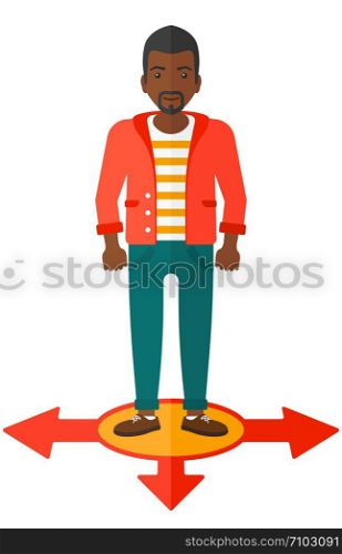 An african-american businessman standing on three alternative ways vector flat design illustration isolated on white background. . Man choosing way.