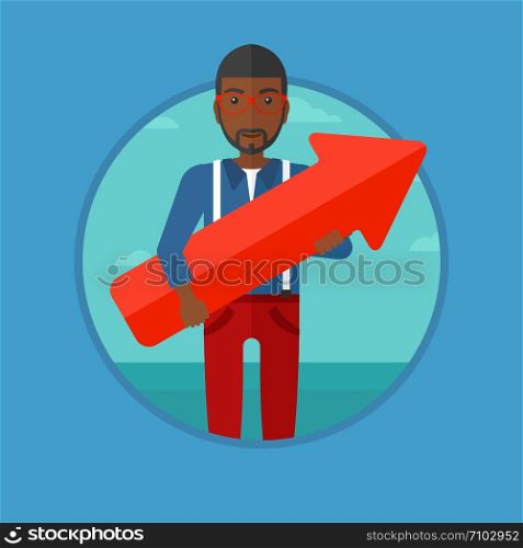 An african-american businessman standing with a big red arrow in hands. Man holding arrow pointing up. Business success concept. Vector flat design illustration in the circle isolated on background.. Successful businessman with arrow up.