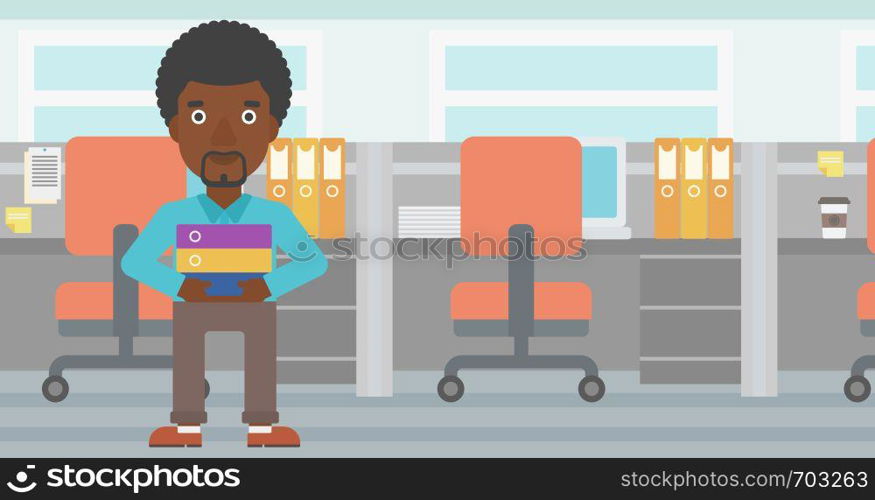 An african-american businessman standing with pile of folders in the office. Young businessman carrying a stack of folders. Vector flat design illustration. Horizontal layout.. Businessman holding pile of folders.