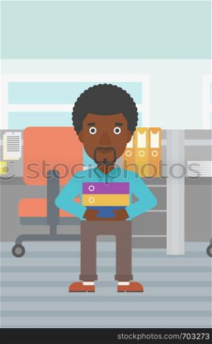 An african-american businessman standing with pile of folders in the office. Young businessman carrying a stack of folders. Vector flat design illustration. Vertical layout.. Businessman holding pile of folders.