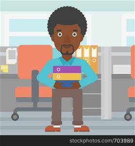 An african-american businessman standing with pile of folders in the office. Young businessman carrying a stack of folders. Vector flat design illustration. Square layout.. Businessman holding pile of folders.