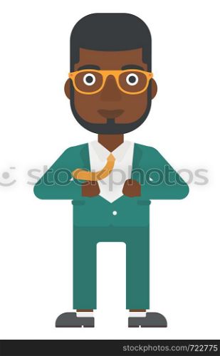 An african-american businessman taking off his jacket vector flat design illustration isolated on white background. Vertical layout.. Man taking off jacket.