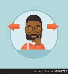 An african-american businessman thinking between two alternative options. Businessman choosing between two different options. Vector flat design illustration in the circle isolated on background.. Man choosing career way or business solution.