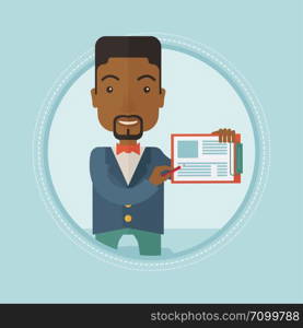 An african-american businessman using clipboard for business presentation. Cheerful businessman giving a business presentation. Vector flat design illustration in the circle isolated on background. Businessman giving business presentation.