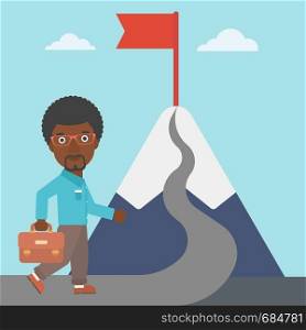 An african-american businessman walking on a road leading to the flag on the top of the mountain. Vector flat design illustration. Square layout.. Cheerful leader business man vector illustration.
