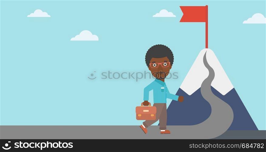 An african-american businessman walking on a road leading to the flag on the top of the mountain. Vector flat design illustration. Horizontal layout.. Cheerful leader business man vector illustration.
