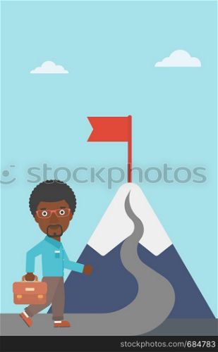 An african-american businessman walking on a road leading to the flag on the top of the mountain. Vector flat design illustration. Vertical layout.. Cheerful leader business man vector illustration.