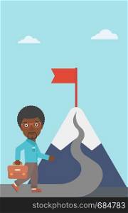 An african-american businessman walking on a road leading to the flag on the top of the mountain. Vector flat design illustration. Vertical layout.. Cheerful leader business man vector illustration.