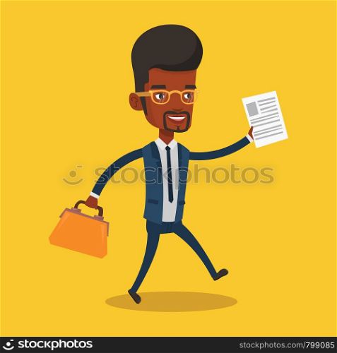 An african-american businessman with briefcase and a document running. Smiling businessman running in a hurry. Cheerful businessman running forward. Vector flat design illustration. Square layout.. Happy businessman running vector illustration.