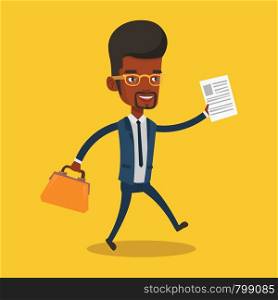 An african-american businessman with briefcase and a document running. Smiling businessman running in a hurry. Cheerful businessman running forward. Vector flat design illustration. Square layout.. Happy businessman running vector illustration.