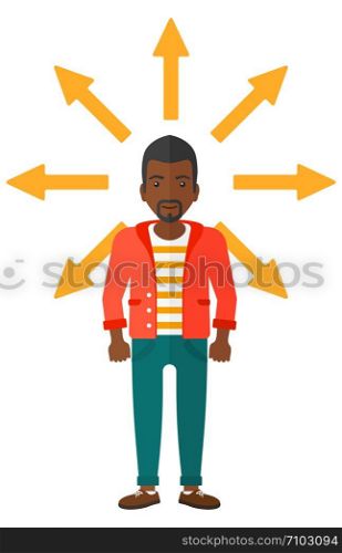 An african-american businessman with many arrows around him vector flat design illustration isolated on white background. . Man choosing way.
