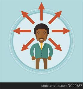 An african-american businessman with many arrows around his head symbolizing business solution. Business solution concept. Vector flat design illustration in the circle isolated on background.. Man choosing career way or business solution.