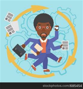 An african-american businessman with many legs and hands holding papers, briefcase, smartphone. Multitasking and productivity concept. Vector flat design illustration. Square layout.. Businessman coping with multitasking.