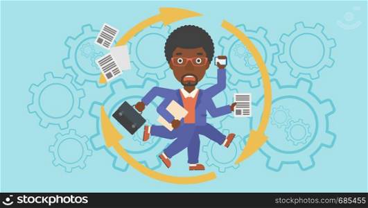 An african-american businessman with many legs and hands holding papers, briefcase, smartphone. Multitasking and productivity concept. Vector flat design illustration. Horizontal layout.. Businessman coping with multitasking.