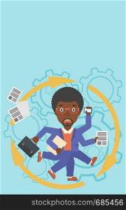 An african-american businessman with many legs and hands holding papers, briefcase, smartphone. Multitasking and productivity concept. Vector flat design illustration. Vertical layout.. Businessman coping with multitasking.