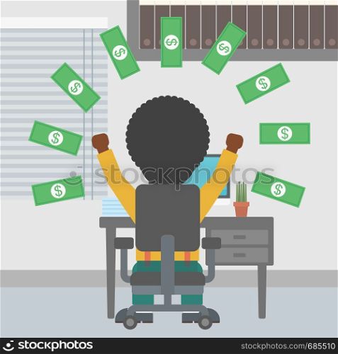 An african-american businessman with raised hands celebrating while sitting under money rain. Successful business concept. Vector flat design illustration. Square layout.. Successful businessman under money rain.