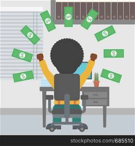 An african-american businessman with raised hands celebrating while sitting under money rain. Successful business concept. Vector flat design illustration. Square layout.. Successful businessman under money rain.