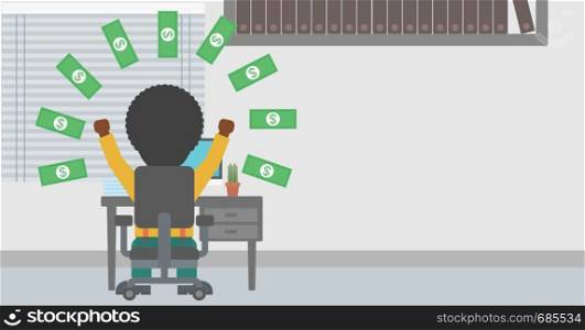 An african-american businessman with raised hands celebrating while sitting under money rain. Successful business concept. Vector flat design illustration. Horizontal layout.. Successful businessman under money rain.